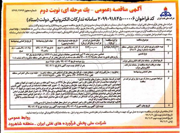 مناقصه تهیه ، طبخ و توزیع غذای گرم کارکنان عملیاتی نوبت دوم 