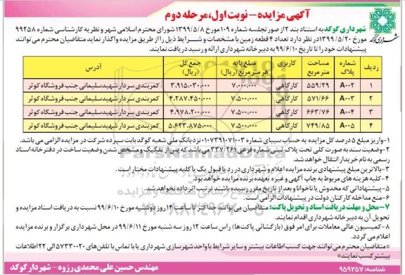 آگهی مزایده ،مزایده واگذاری  تعداد 4 قطعه زمین- نوبت اول مرحله دوم 