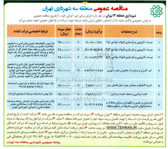 مناقصه ، مناقصه مرمت، لایروبی و بازسازی قنوات