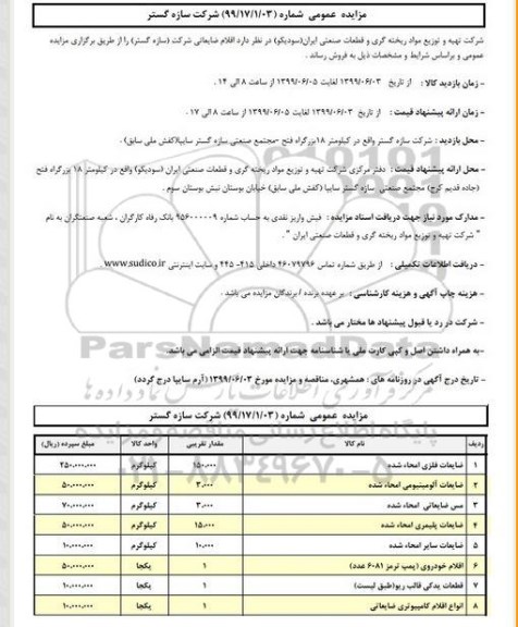 مزایده,مزایده اقلام ضایعاتی شامل ضایعات فلزی امحاء شده و ...