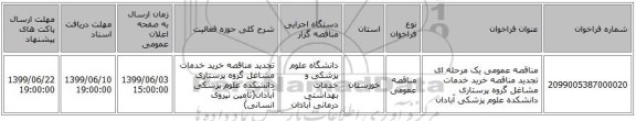 مناقصه عمومی یک مرحله ای تجدید مناقصه خرید خدمات مشاغل گروه پرستاری دانشکده علوم پزشکی آبادان