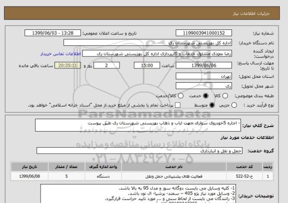 استعلام - اجاره 5خودروی سواری جهت ایاب و ذهاب بهزیستی شهرستان ری طبق پیوست