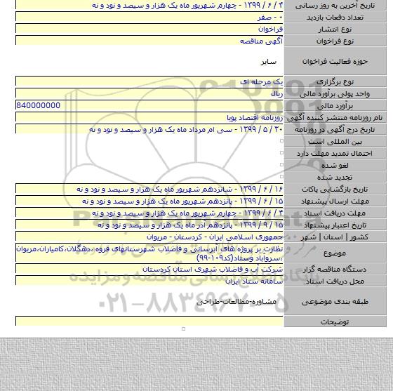 نظارت بر پروژه های آبرسانی و فاضلاب شهرستانهای قروه ٬دهگلان٬کامیاران٬مریوان ٬سروآباد وستاد(کد۱۰۹-۹۹)
