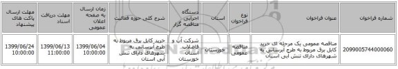 مناقصه عمومی یک مرحله ای خرید کابل برق مربوط به طرح آبرسانی به شهرهای دارای تنش آبی استان