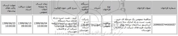 مناقصه عمومی یک مرحله ای خرید ، نصب، تست و راه اندازی  سه دستگاه آسانسور  ساختمان برنامه ریزی وکنترل طرح های شرکت آب و فاضلاب خوزستان
