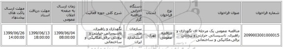 مناقصه عمومی یک مرحله ای نگهداری و راهبری، تاسیساتی حرارتی و برودتی برقی،مکانیکی و ساختمانی