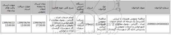 مناقصه عمومی همزمان با ارزیابی (فشرده) یک مرحله ای  انجام خدمات امداد ، گازبانی ، وصول مطالبات / کنتورخوانی و خدمات عمومی و پشتیبانی اداره گاز شهرستان  گرمسار