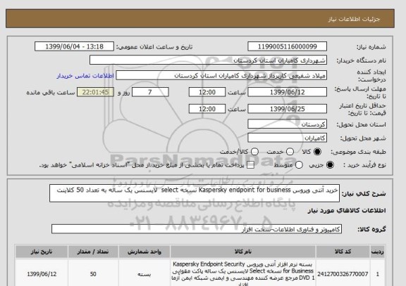 استعلام خرید آنتی ویروس Kaspersky endpoint for business نسخه select  لایسنس یک ساله به تعداد 50 کلاینت
