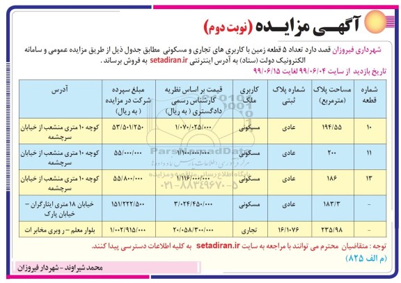 آگهی مزایده، مزایده فروش 5 قطعه زمین با وکاربری مسکونی و تجاری نوبت دوم 