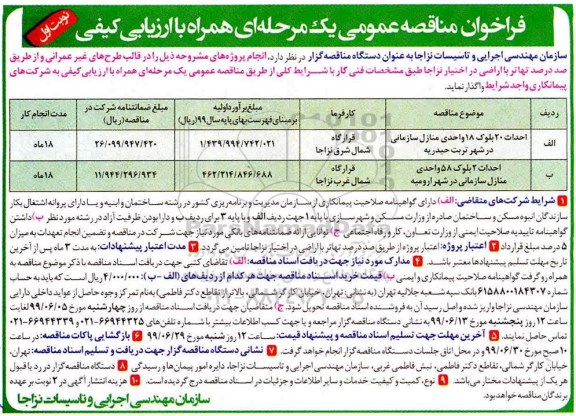 فراخوان مناقصه , فراخوان مناقصه احداث 20 بلوک 18 واحدی منازل سازمانی