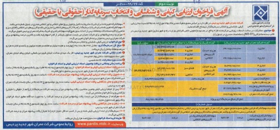 آگهی فراخوان ارزیابی، فراخوان ارزیابی کیفی و شناسایی و انتخاب سرمایه گذار  مشارکت در ساخت خدمات روبنایی- نوبت دوم 