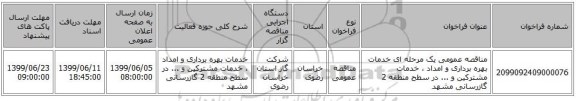 مناقصه عمومی یک مرحله ای خدمات بهره برداری و امداد ، خدمات مشترکین و ... در سطح منطقه 2 گازرسانی مشهد