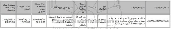 مناقصه عمومی یک مرحله ای خدمات بهره برداری وصول مطالبات و ... در سطح منطقه 3 گازرسانی مشهد