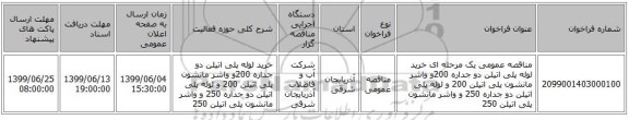 مناقصه عمومی یک مرحله ای خرید لوله پلی اتیلن دو جداره 200و واشر مانشون پلی اتیلن 200 و لوله پلی اتیلن دو جداره 250 و واشر مانشون پلی اتیلن 250