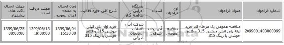 مناقصه عمومی یک مرحله ای خرید لوله پلی اتیلن جوشی 315 و فلنج جوشی با رینگ 315