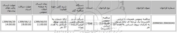 مناقصه عمومی همزمان با ارزیابی (فشرده) یک مرحله ای ارائه خدمات به کارکنان نیروی انسانی به تعداد 27 نفر 