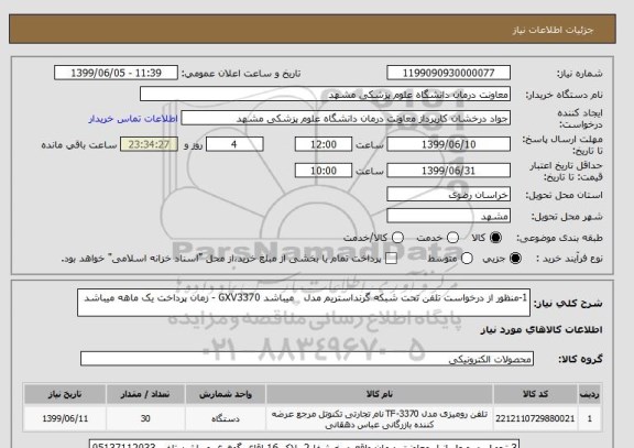 استعلام 1-منظور از درخواست تلفن تحت شبکه گرنداستریم مدل   میباشد GXV3370 - زمان پرداخت یک ماهه میباشد 