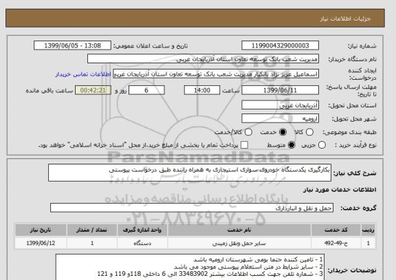 استعلام بکارگیری یکدستگاه خودروی سواری استیجاری به همراه راننده طبق درخواست پیوستی