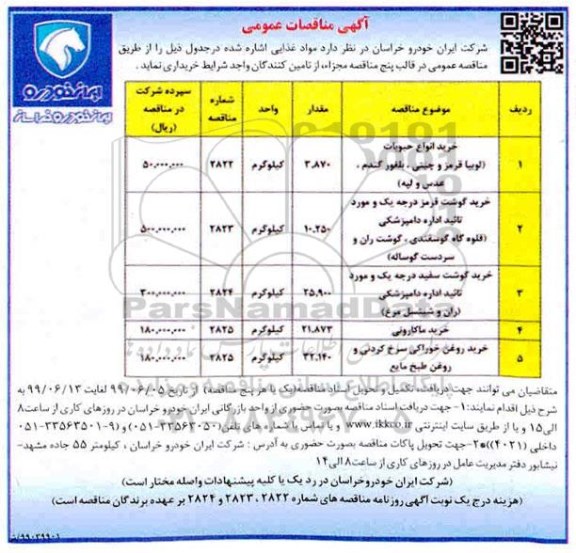 آگهی مناقصات عمومی ، مناقصه مواد غذایی