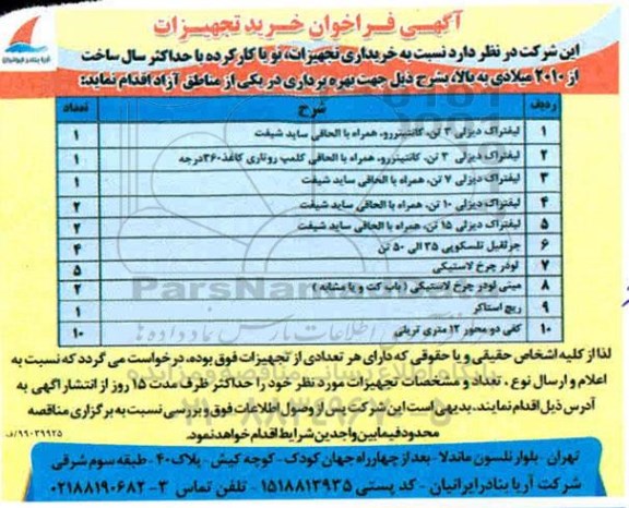 فراخوان خرید تجهیزات