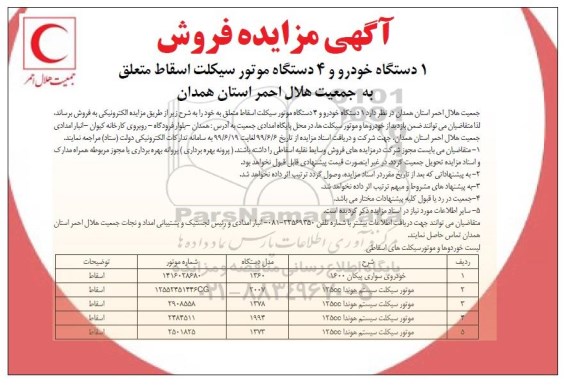آگهی مزایده , مزایده فروش 1دستگاه خودرو و 4 دستگاه موتور سیکلت اسقاط