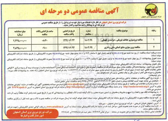 آگهی مناقصه عمومی , مناقصه مناقصه برونسپاری حفاظت فیزیکی ، حراست و نگهبانی و ...