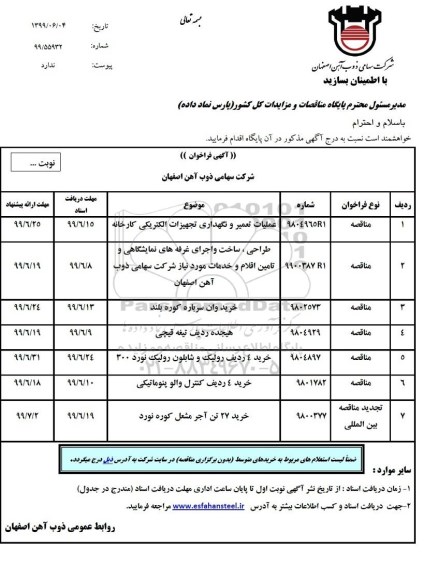 فراخوان عملیات تعمیر و نگهداری تجهیزات الکتریکی کارخانه ...