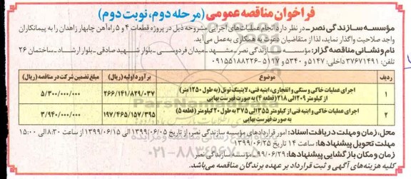 مناقصه اجرای عملیات خاکی و سنگی و انفجاری، ابنیه فنی، لاینینگ تونل - مرحله دوم نوبت دوم 