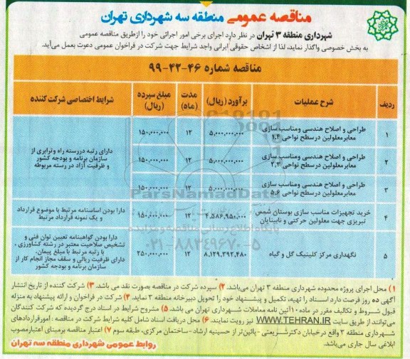 مناقصه عمومی , مناقصه طراحی و اصلاح هندسی و مناسب سازی معابر معلولین و ...