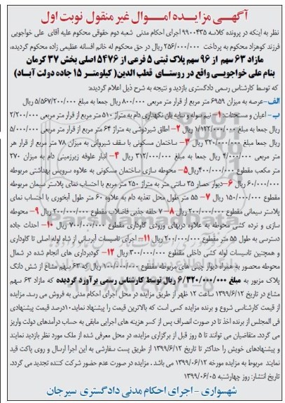 مزایده مزایده 63 سهم از 96 سهم پلاک ثبتی 5 فرعی نوبت اول 