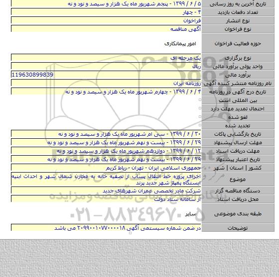 اجرای پروزه خط انتقال پساب از تصفیه خانه به مخازن شمال شهر و احداث ابنیه ایستگاه پمپاژ شهر جدید پرند