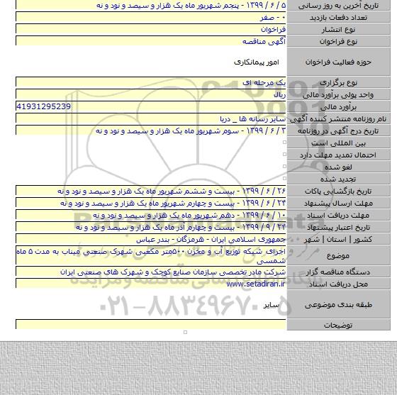 اجرای شبکه توزیع آب و مخزن ۵۰۰متر مکعبی شهرک صنعتی میناب به مدت ۵ ماه شمسی