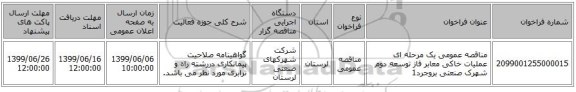 مناقصه عمومی یک مرحله ای عملیات خاکی معابر فاز توسعه دوم شهرک صنعتی بروجرد1 