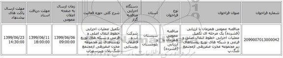 مناقصه عمومی همزمان با ارزیابی (فشرده) یک مرحله ای تکمیل عملیات اجرایی خطوط انتقال اصلی و فرعی و شبکه های توزیع روستاهای زیر مجموعه مخزن صفرزهی ازمجتمع تلنگ،پ