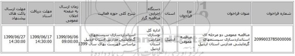 مناقصه عمومی دو مرحله ای استانداردسازی سیستمهای گرمایشی مدارس استان اردبیل