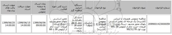 مناقصه عمومی همزمان با ارزیابی (فشرده) یک مرحله ای تعمیر اساسی پلهای محور مشهد –سنگ بست-فریمان –تربت جام از کیلومتر 28 تا68 -نوبت اول 99/31/78