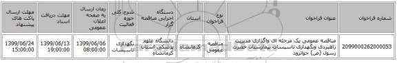 مناقصه عمومی یک مرحله ای واگذاری مدیریت راهبردی ونگهداری تاسیسات بیمارستان حضرت رسول (ص) جوانرود