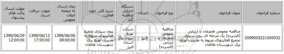 مناقصه عمومی همزمان با ارزیابی (فشرده) یک مرحله ای برون سپاری تجمیع فعالیتهای مربوط به مدیریت توزیع برق شهرستان طالقان