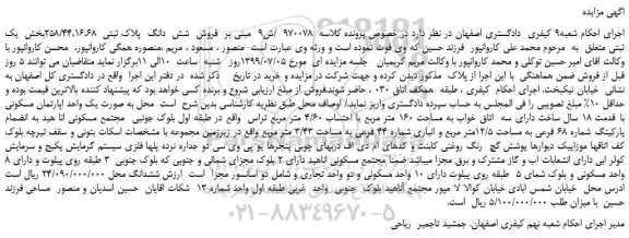 مزایده،مزایده فروش  شش  دانگ  پلاک ثبتی  258/44،16،68 
