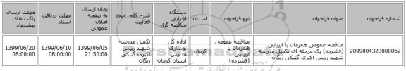 مناقصه عمومی همزمان با ارزیابی (فشرده) یک مرحله ای تکمیل مدرسه شهید رییس اکبری گنبکی ریگان