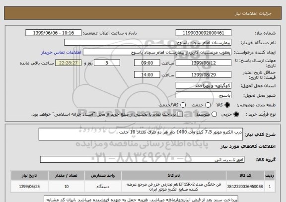 استعلام درب الکترو موتور 7،5 کیلو وات 1400 دور هر دو طرف تعداد 10 جفت .