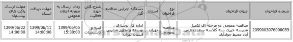 مناقصه عمومی دو مرحله ای تکمیل مدرسه خیری سه کلاسه سعدی علی آباد محیط جوادآباد