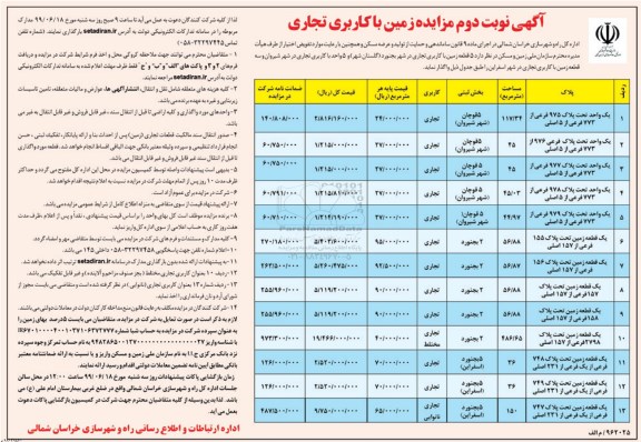 مزایده ، مزایده واگذاری زمین با کاربری تجاری- نوبت دوم