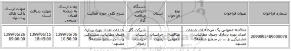مناقصه عمومی یک مرحله ای خدمات امداد بهره برداری وصول مطالبات، مشترکین و ... در سطح منطقه5 مشهد
