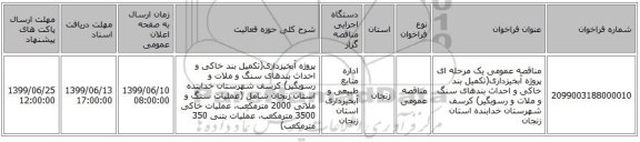 مناقصه عمومی یک مرحله ای پروژه آبخیزداری(تکمیل بند خاکی و احداث بندهای سنگ و ملات و رسوبگیر) کرسف شهرستان خدابنده استان زنجان