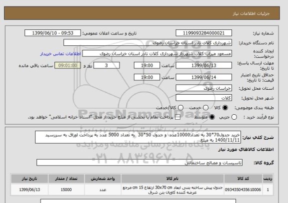 استعلام خرید جدول70*30 به تعداد10000عدد  و جدول 50*30  به تعداد 5000 عدد به پرداخت اوراق به سررسید 1400/11/11 به مبلغ 