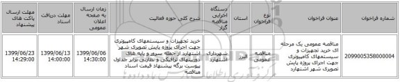 مناقصه عمومی یک مرحله ای خرید تجهیزات و سیستمهای کامپیوتری جهت اجرای پروژه پایش تصویری شهر اشتهارد