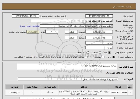 استعلام سوئیچ سیسکو مدل ISR 4321/K9