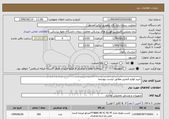 استعلام خرید لوازم التحریر مطابق لیست پیوست