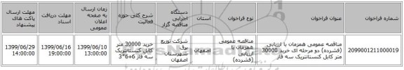 مناقصه عمومی همزمان با ارزیابی (فشرده) دو مرحله ای خرید 30000 متر کابل کنستانتریک سه فاز 